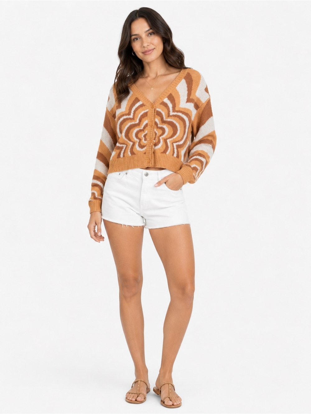 LA Hearts Retro Swirl Cropped Cardigan Orange Brown Cream Size M